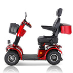 Adjustable seat backrest and headrest shown on red mobility scooter