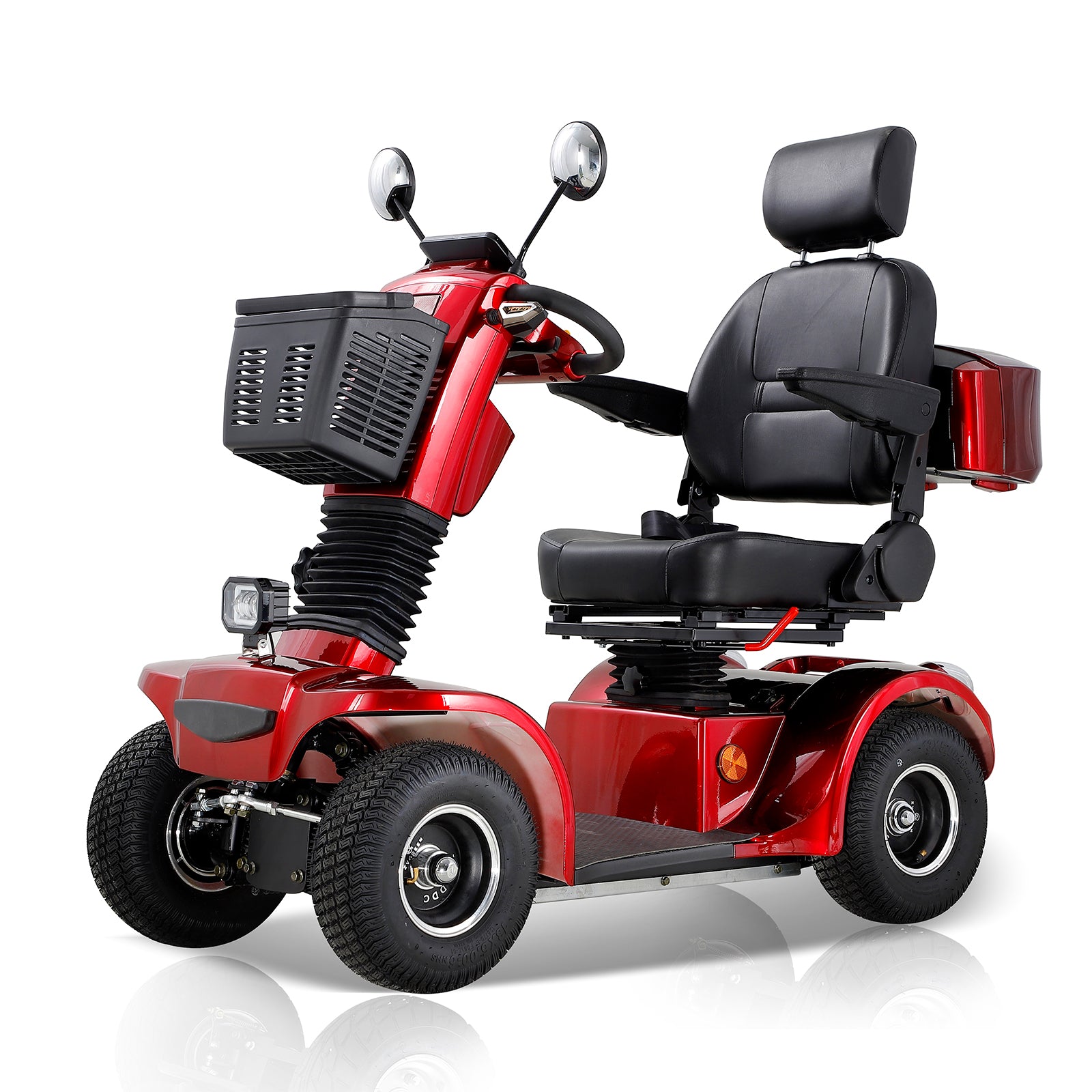 Front view of a red mobility scooter with headlights, handlebars, and large front wheels Main image