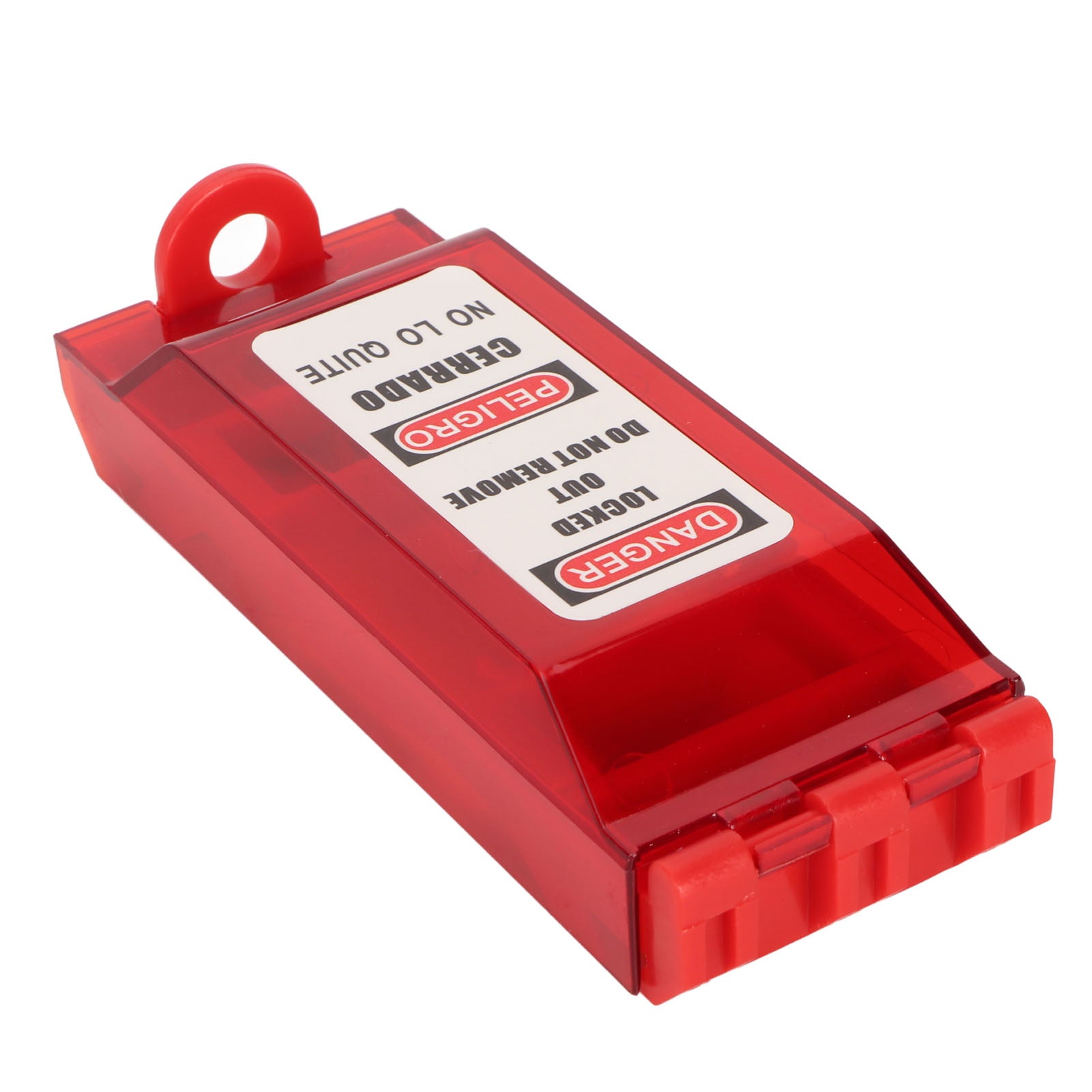 Side view of red flip cover showing clear visibility of toggle switch position through transparent section