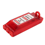Red wall switch flip cover installed on a standard US toggle switch, showing open position