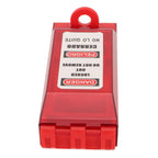 Close-up of red flip cover showing ABS/acrylic material, hinge mechanism, and screw mounting points