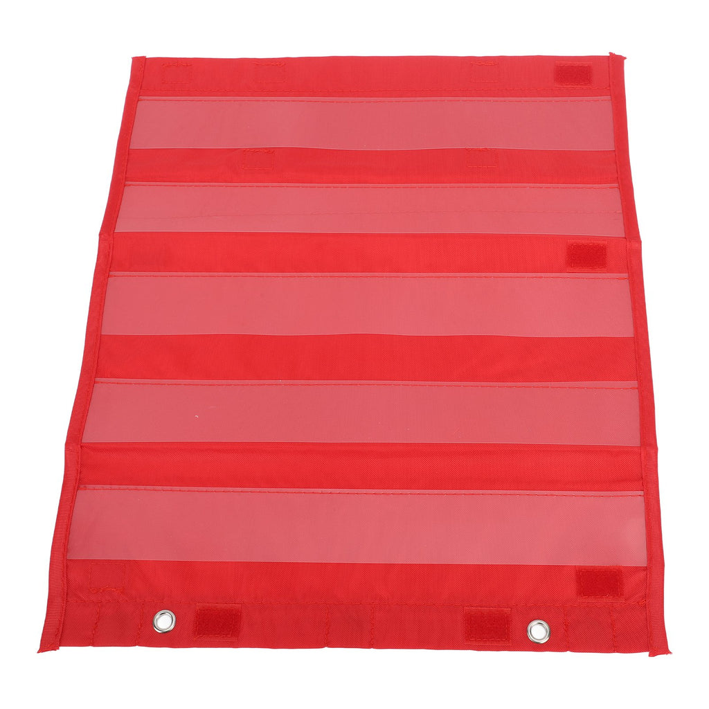 Front view of a red magnetic pocket chart with five clear vertical pockets mounted on a whiteboard