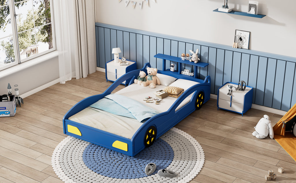 Race Car Twin Bed for Teens – Blue & Yellow Wooden Platform Bed with Storage and Safety Rails