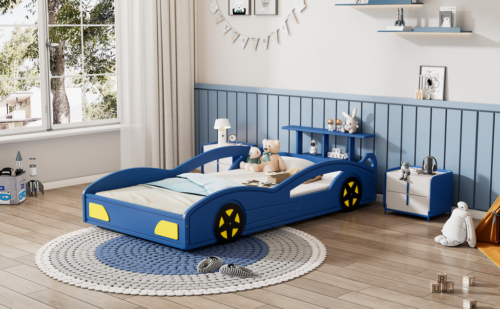 Race Car Twin Bed for Teens – Blue & Yellow Wooden Platform Bed with Storage and Safety Rails