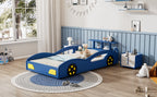 Race Car Twin Bed for Teens – Blue & Yellow Wooden Platform Bed with Storage and Safety Rails