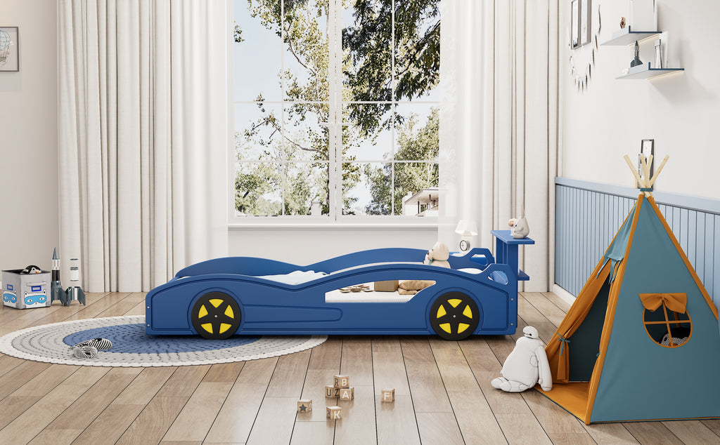 Race Car Twin Bed for Teens – Blue & Yellow Wooden Platform Bed with Storage and Safety Rails