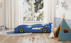 Race Car Twin Bed for Teens – Blue & Yellow Wooden Platform Bed with Storage and Safety Rails