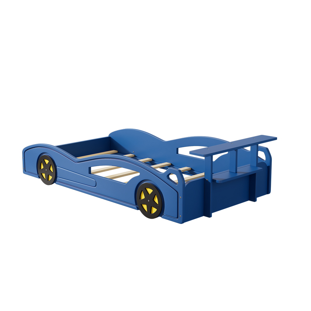 Race Car Twin Bed for Teens – Blue & Yellow Wooden Platform Bed with Storage and Safety Rails