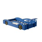 Race Car Twin Bed for Teens – Blue & Yellow Wooden Platform Bed with Storage and Safety Rails