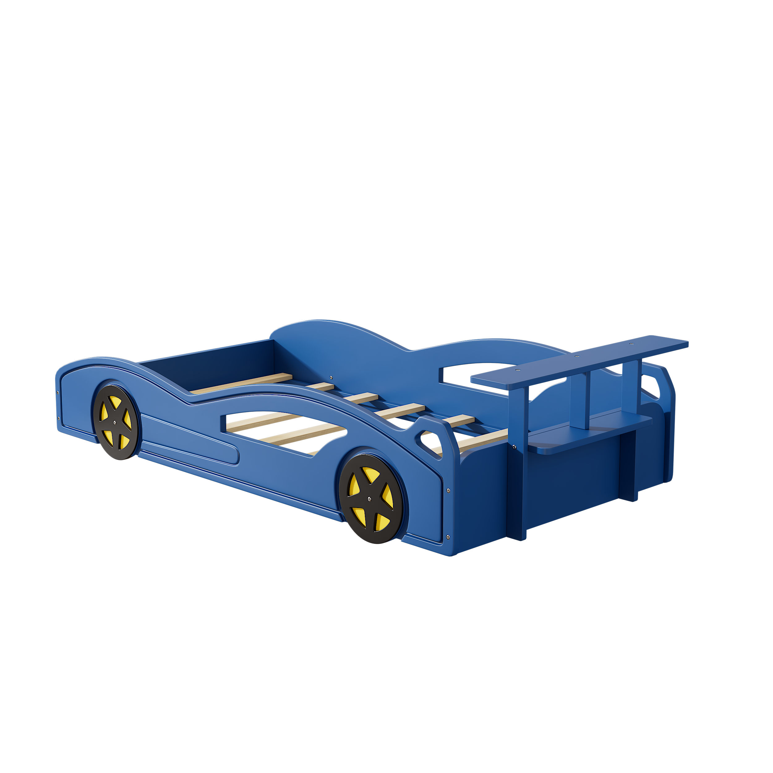 Race Car Twin Bed for Teens – Blue & Yellow Wooden Platform Bed with Storage and Safety Rails