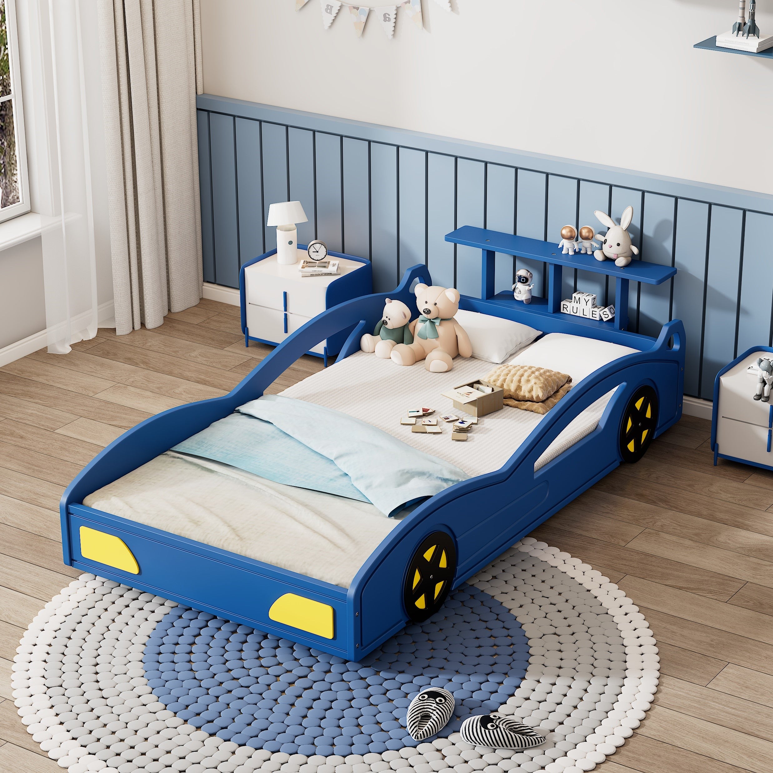 Race Car Twin Bed for Teens – Blue & Yellow Wooden Platform Bed with Storage and Safety Rails