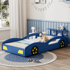 Race Car Twin Bed for Teens – Blue & Yellow Wooden Platform Bed with Storage and Safety Rails