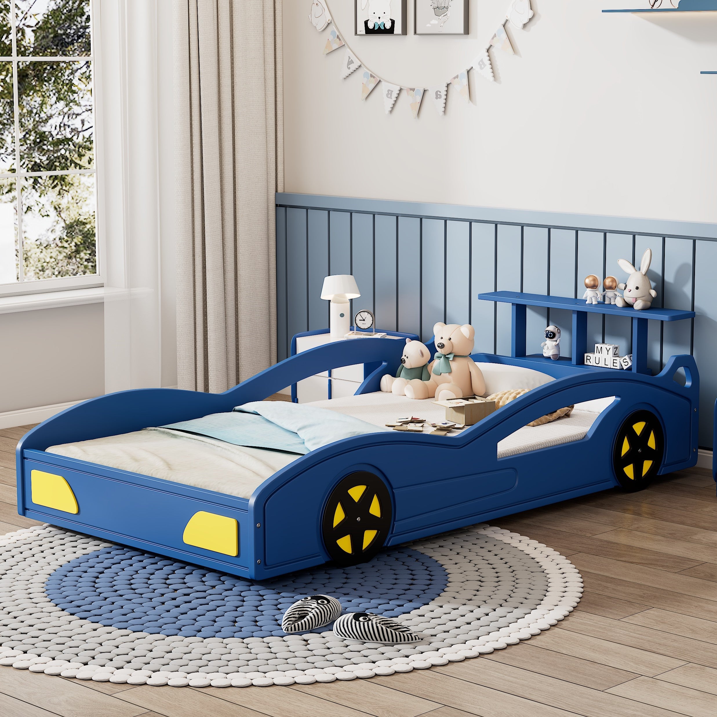 Race Car Twin Bed for Teens – Blue & Yellow Wooden Platform Bed with Storage and Safety Rails