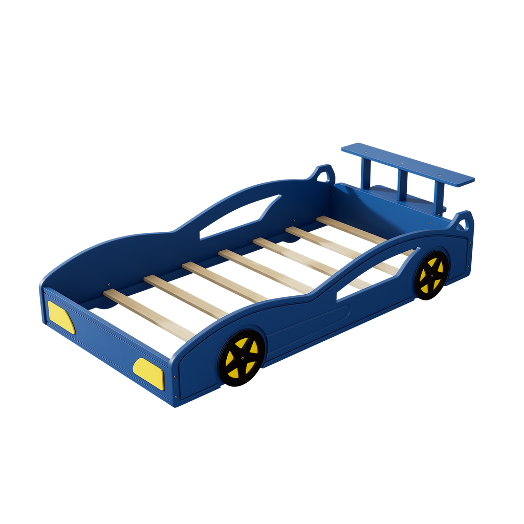 Race Car Twin Bed for Teens – Blue & Yellow Wooden Platform Bed with Storage and Safety Rails