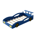 Race Car Twin Bed for Teens – Blue & Yellow Wooden Platform Bed with Storage and Safety Rails