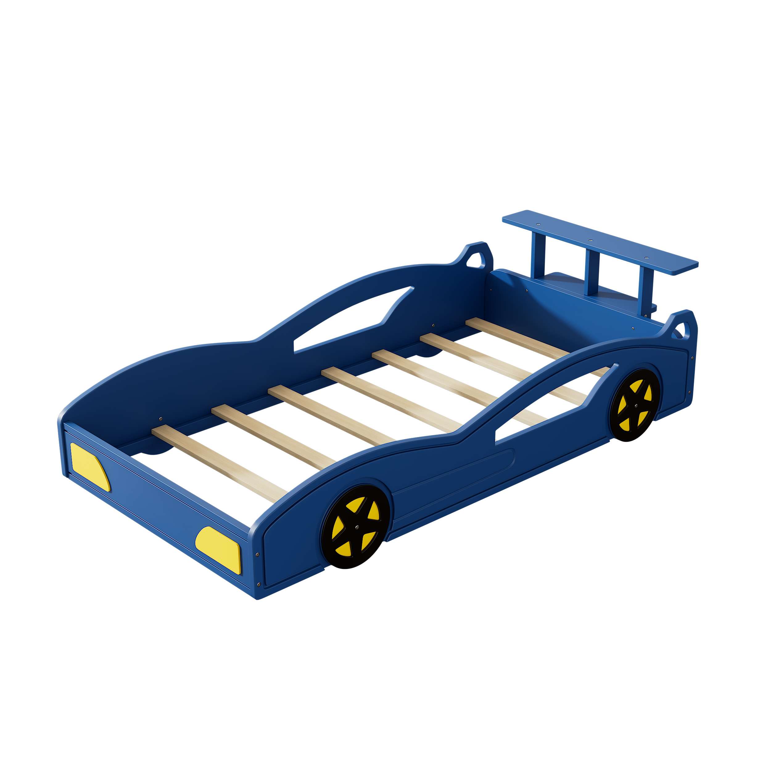 Race Car Twin Bed for Teens – Blue & Yellow Wooden Platform Bed with Storage and Safety Rails