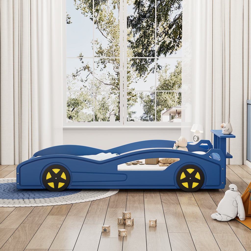 Race Car Twin Bed for Teens – Blue & Yellow Wooden Platform Bed with Storage and Safety Rails