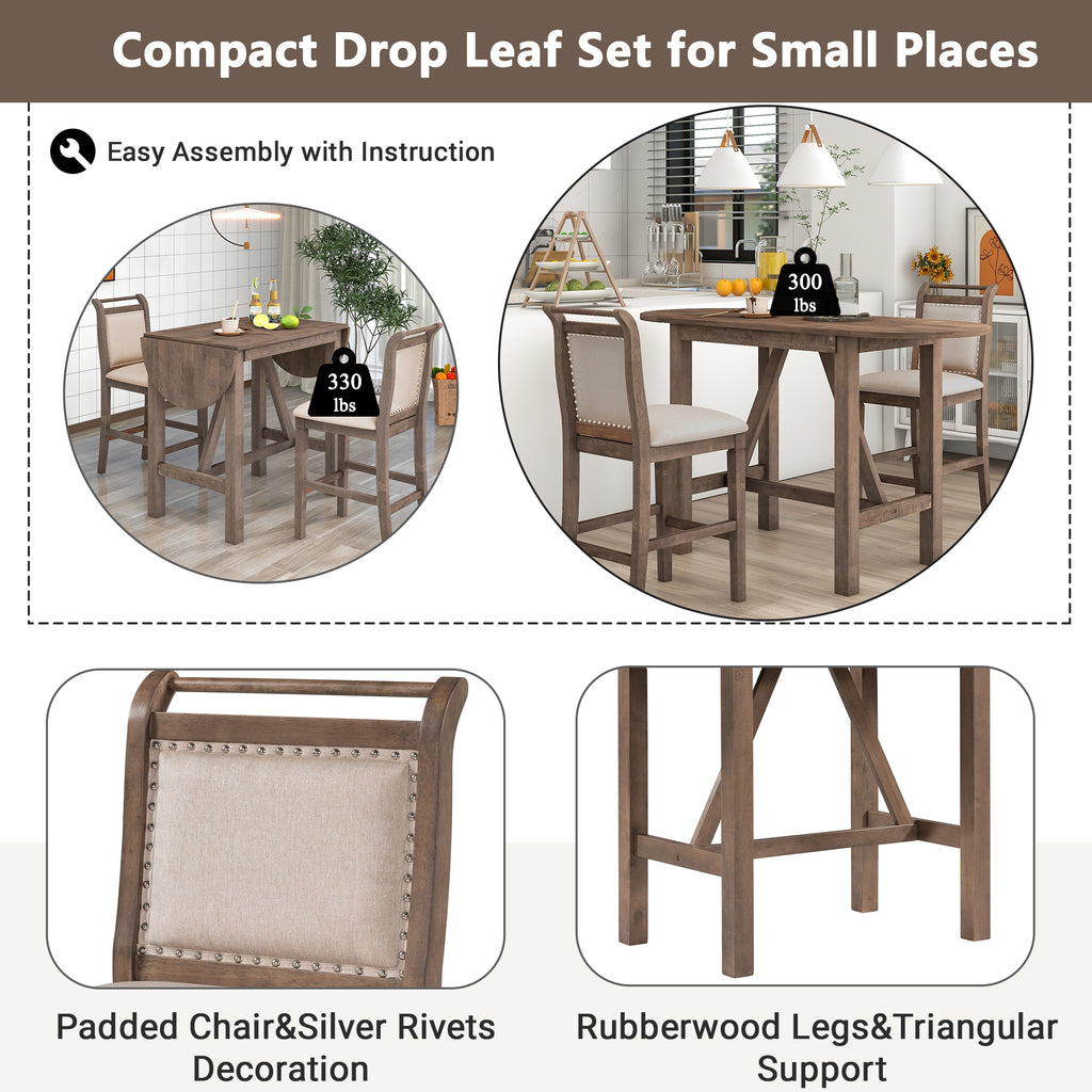 3-Piece Counter Height Drop Leaf Dining Table Set with 2 Upholstered Chairs, Brown Rubberwood