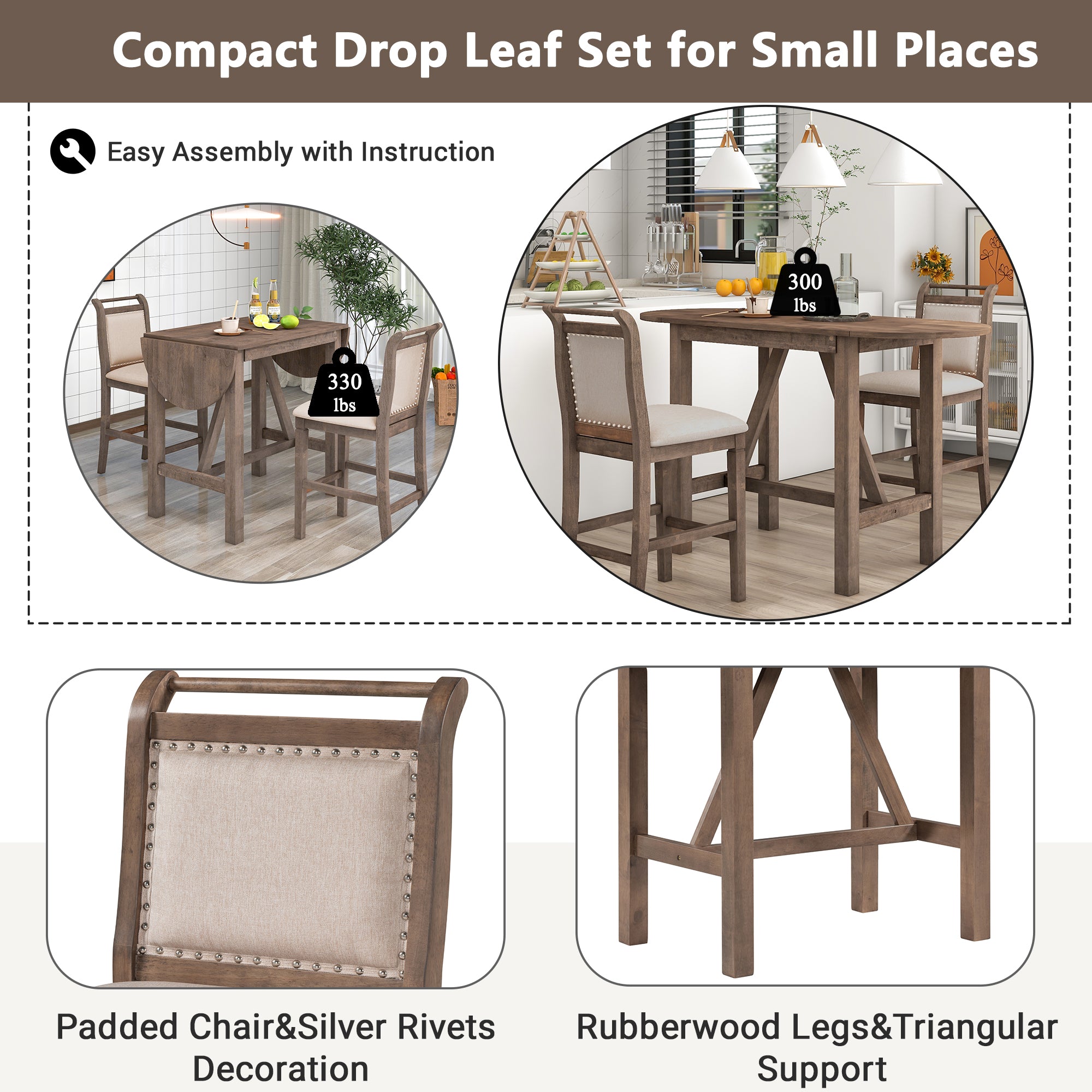 3-Piece Counter Height Drop Leaf Dining Table Set with 2 Upholstered Chairs, Brown Rubberwood