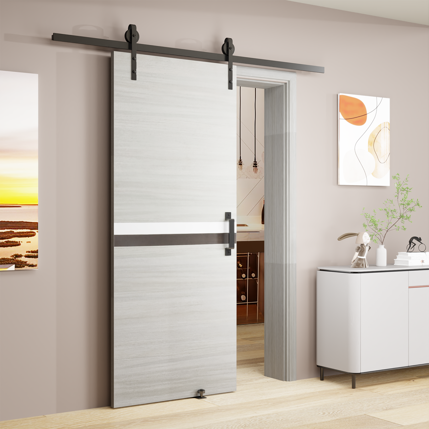 32" x 84" Gray Melamine Sliding Barn Door Kit with Track & Floor Guide Secondary image
