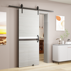 Barn door hardware kit components including rail, hangers, stoppers, and anti-jumpers