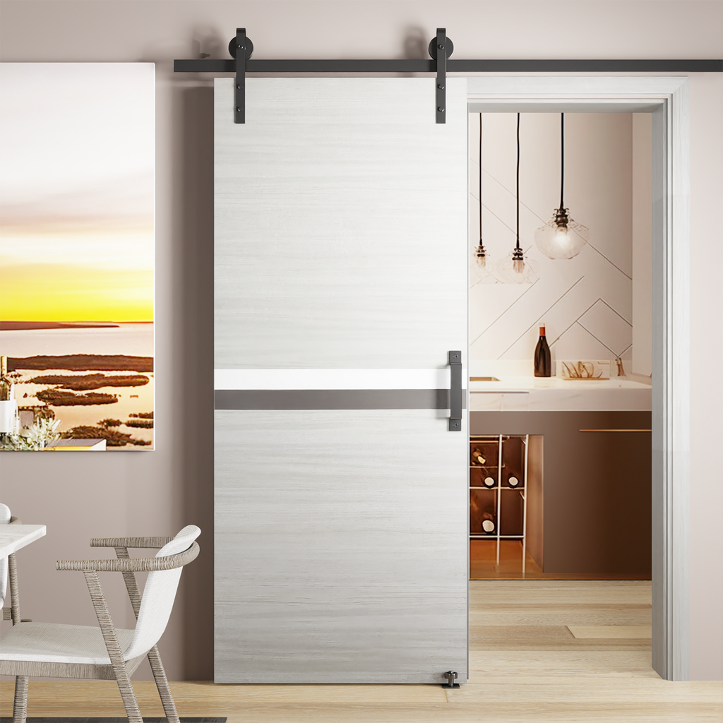 Front view of gray 32 inch by 84 inch melamine sliding barn door mounted on track
