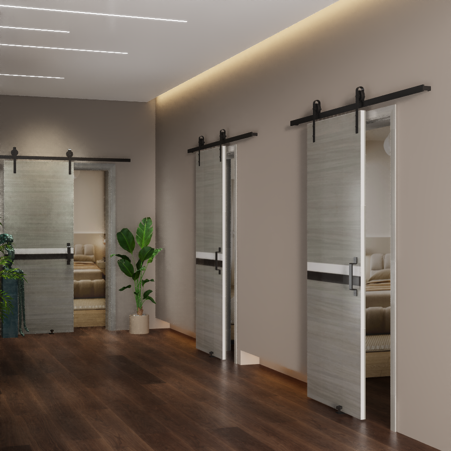 Installed barn door used as a kitchen pantry door in a modern interior