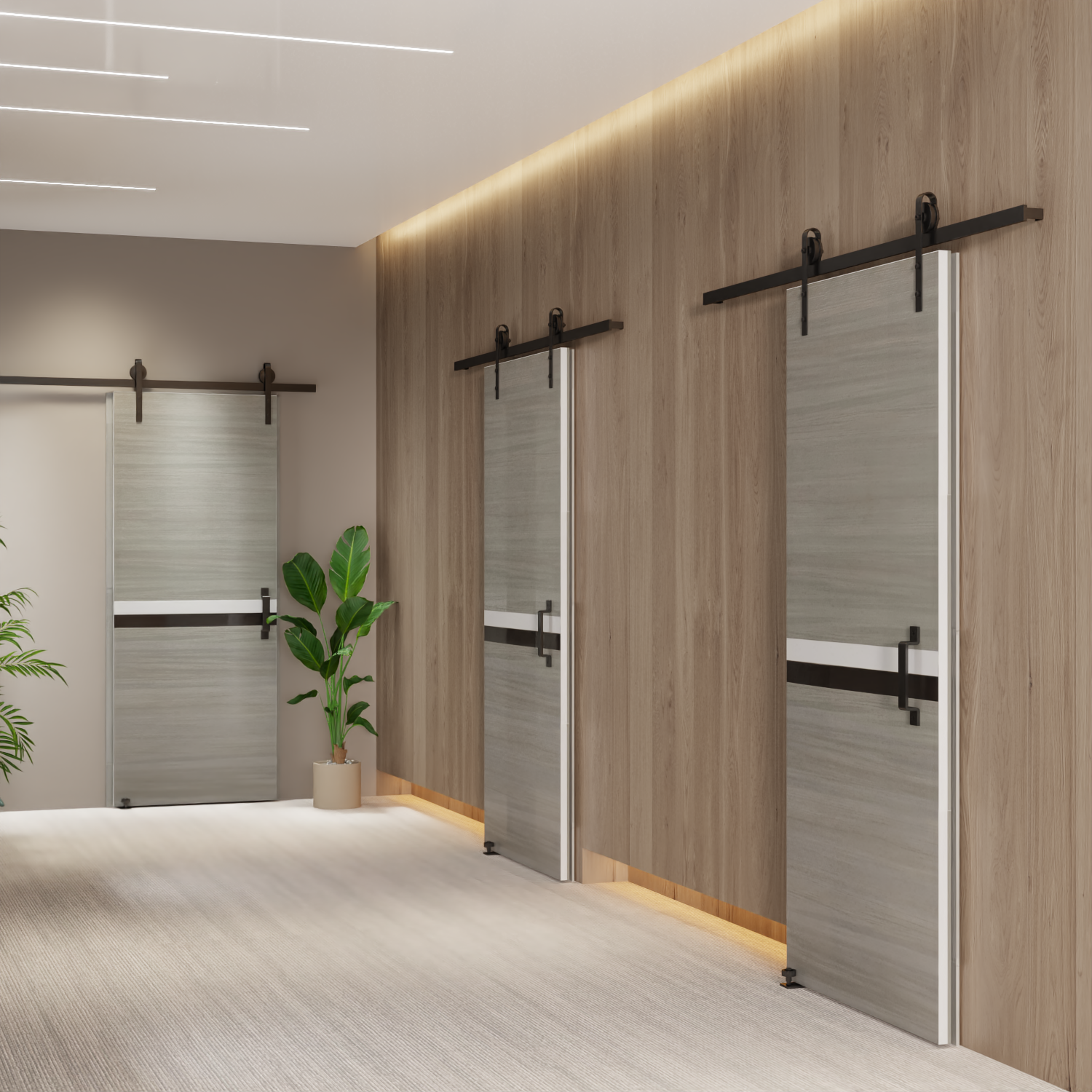 Close-up of T-shaped floor guide and rubber-cushioned door stopper