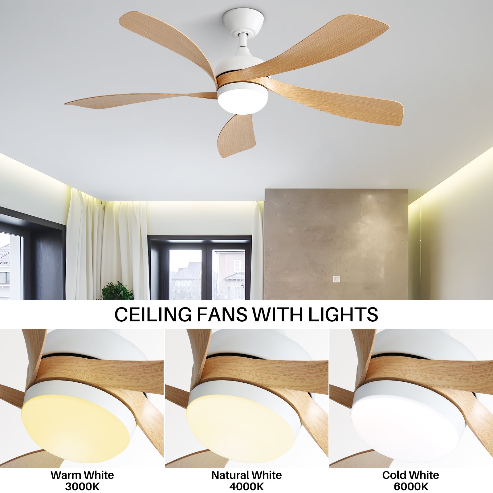 52 Inch Modern Ceiling Fan with Dimmable 3-CCT LED Light, Reversible DC Motor & Remote