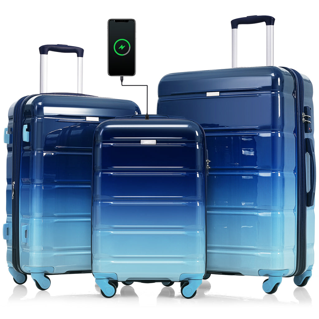 3-Piece ABS+PC Hard Shell Luggage Set with USB Charging Port – Gradient Blue