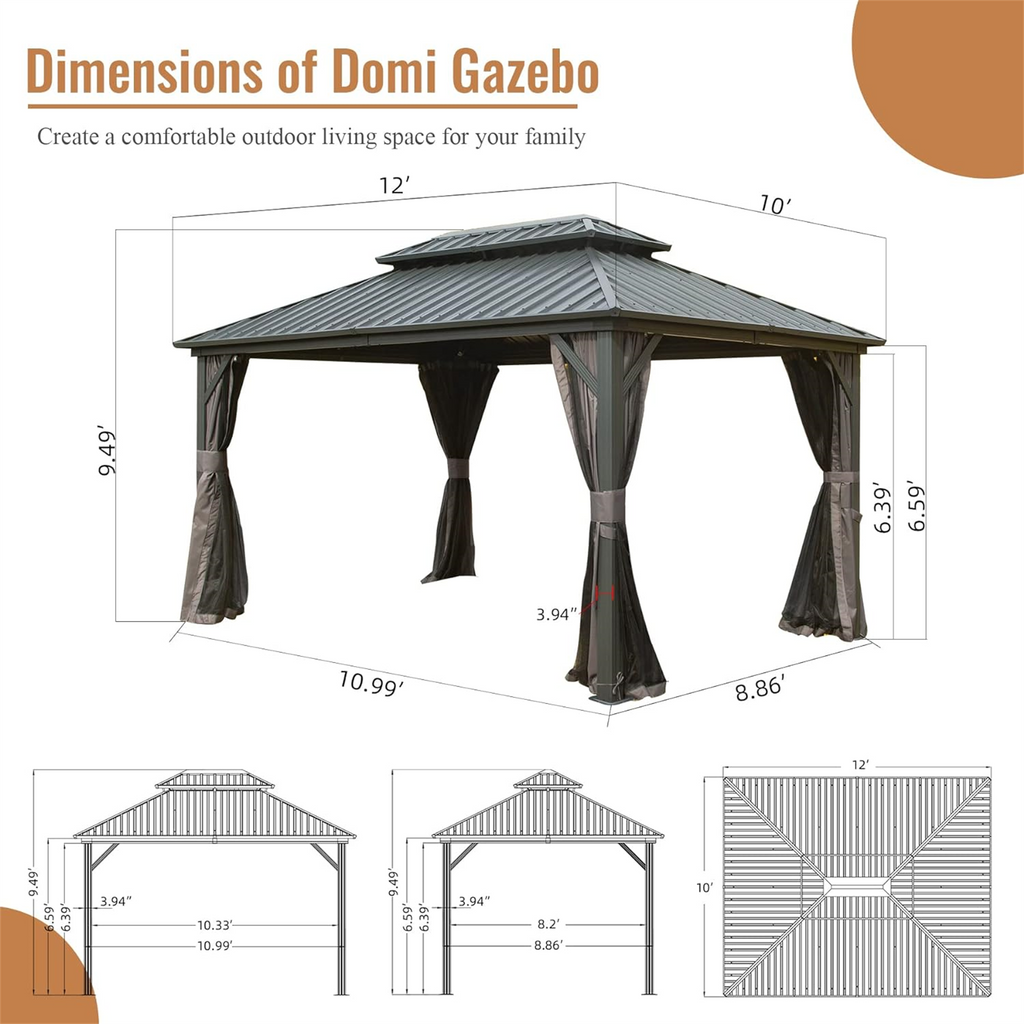10' x 12' Aluminum Hardtop Gazebo with Double Roof, Curtains & Netting