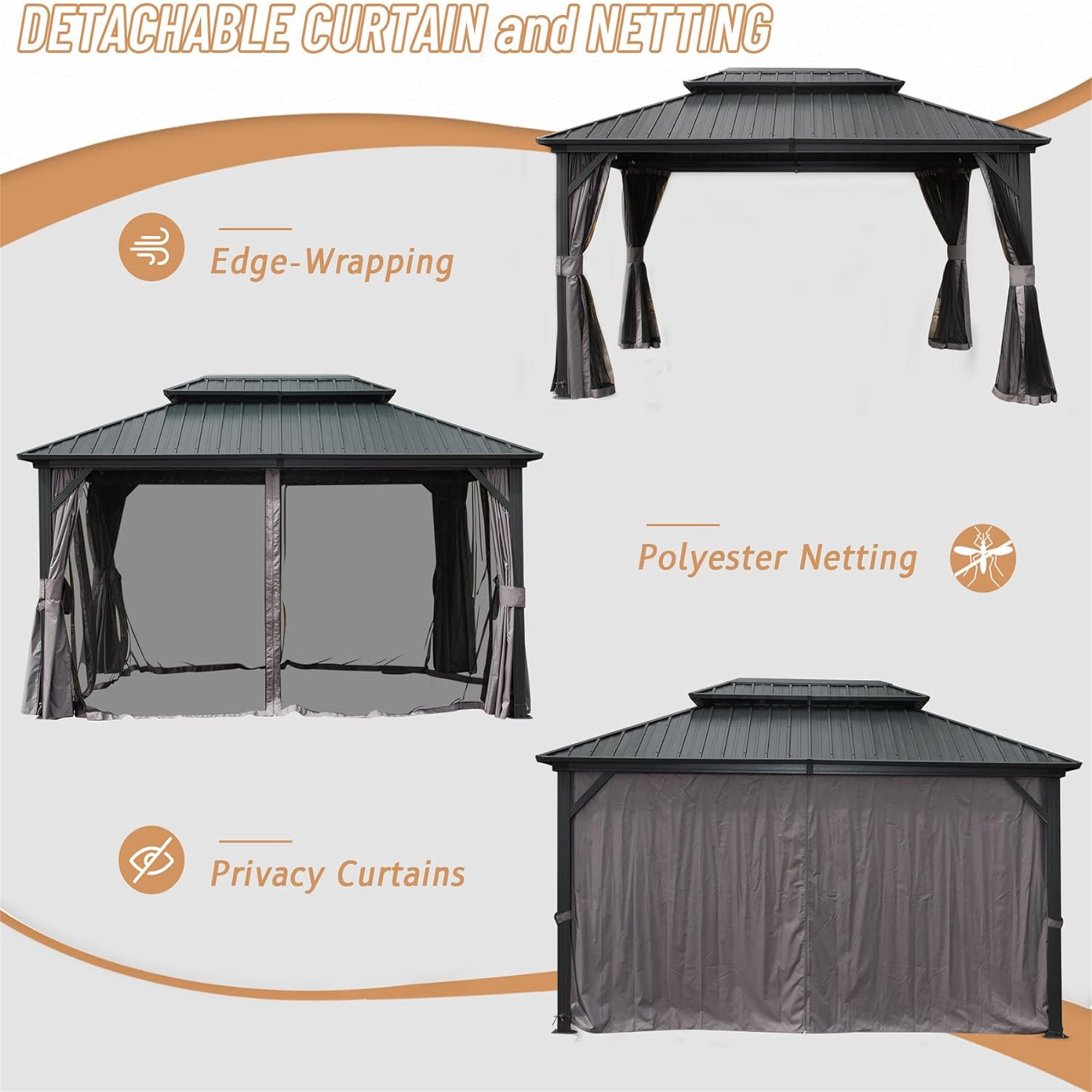 10' x 12' Aluminum Hardtop Gazebo with Double Roof, Curtains & Netting