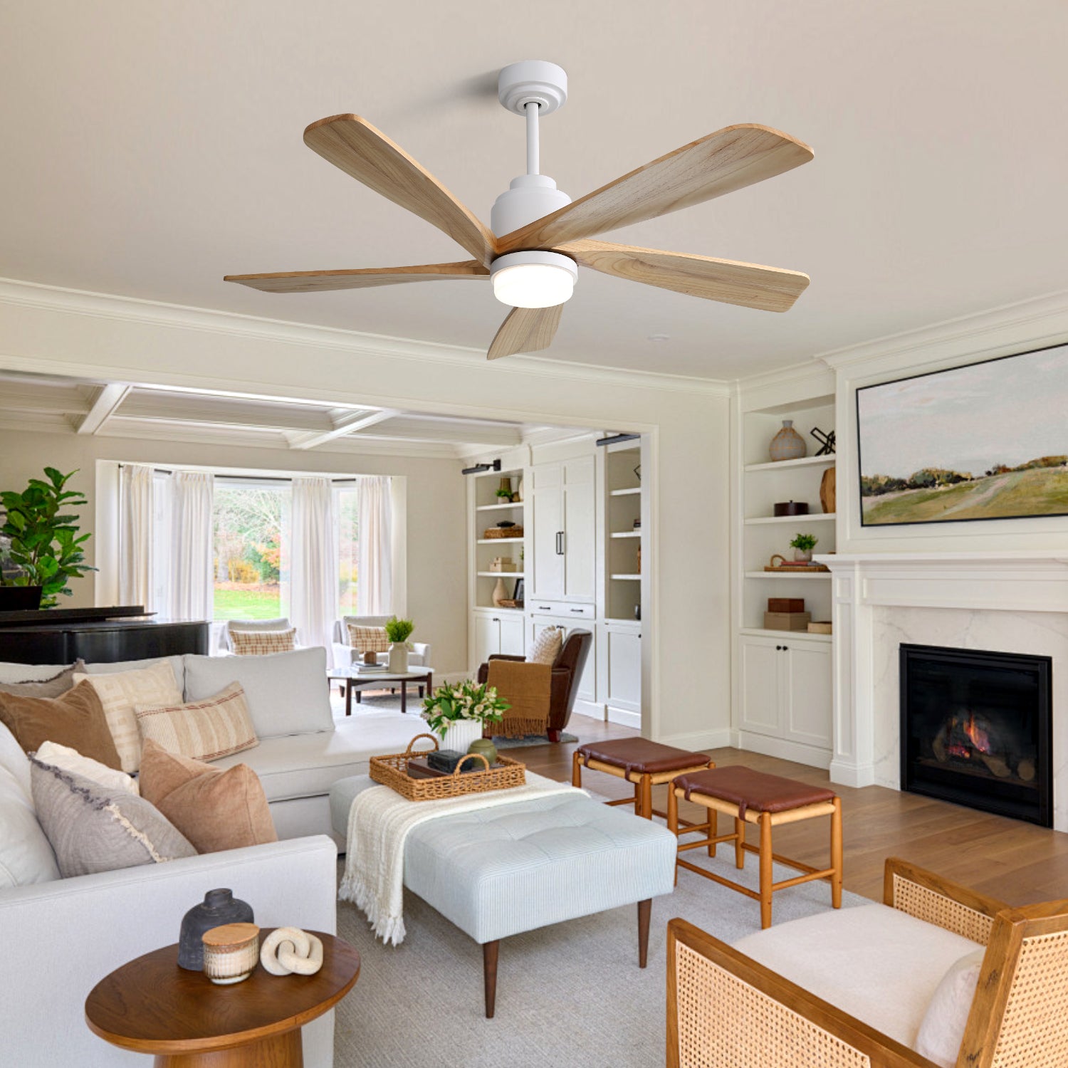 52 Inch Ceiling Fan with Dimmable LED Light, Solid Wood Blades & Remote Control