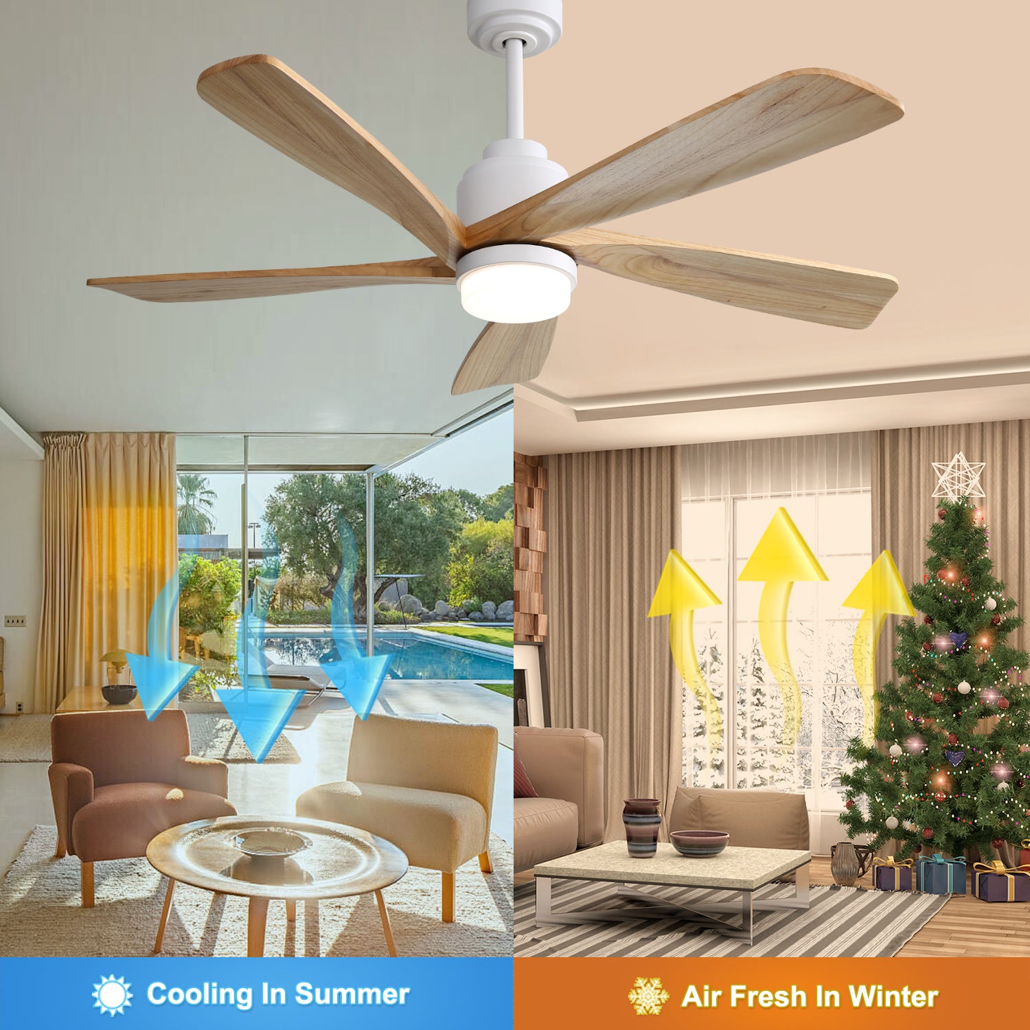 52 Inch Ceiling Fan with Dimmable LED Light, Solid Wood Blades & Remote Control