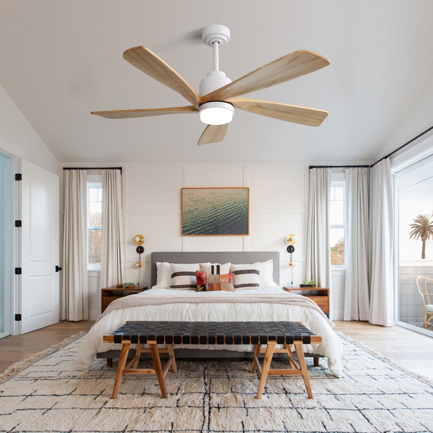 52 Inch Ceiling Fan with Dimmable LED Light, Solid Wood Blades & Remote Control