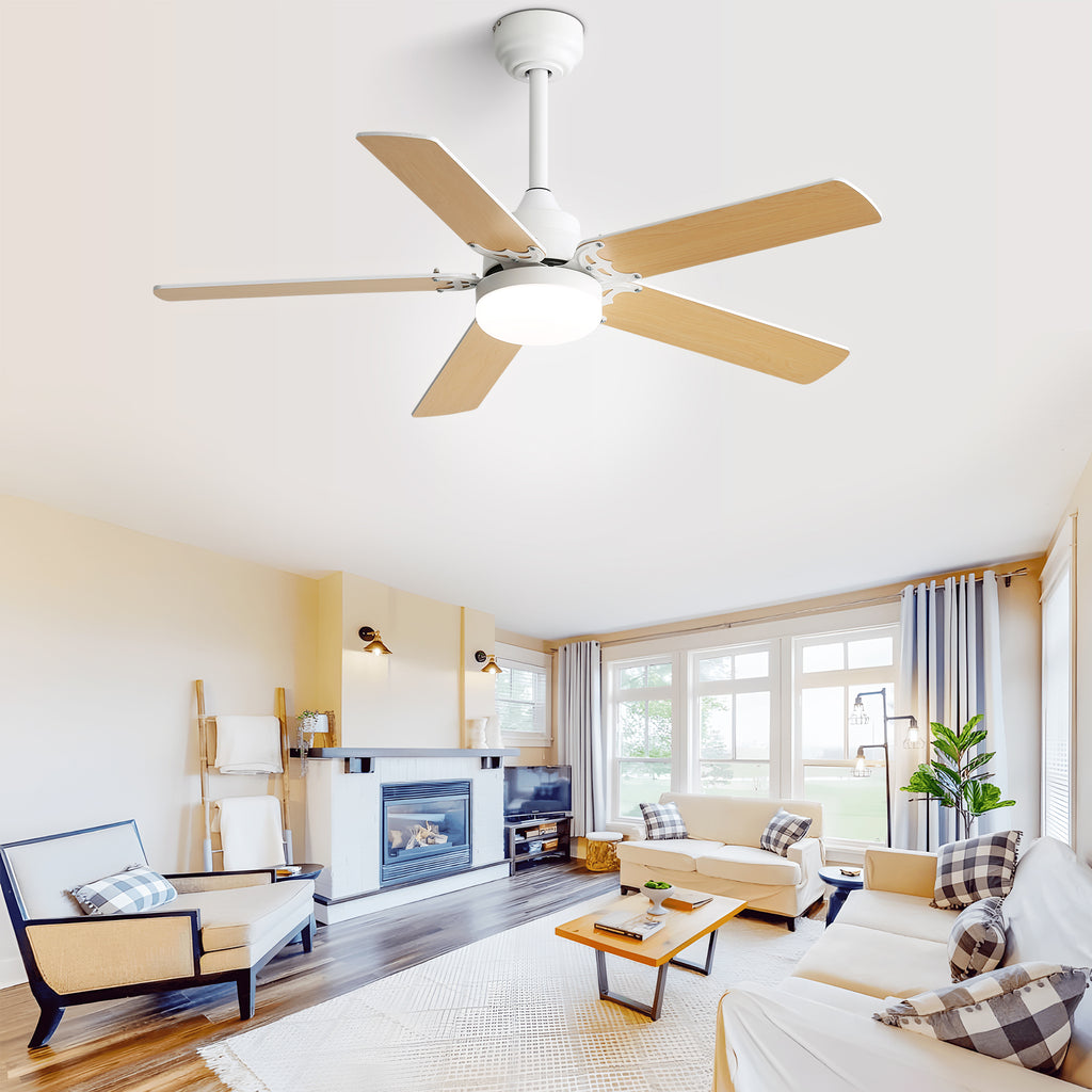 White 42-inch ceiling fan installed in a modern living room
