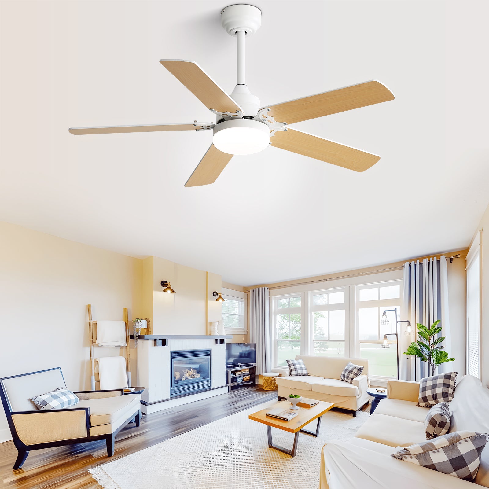 White 42-inch ceiling fan installed in a modern living room