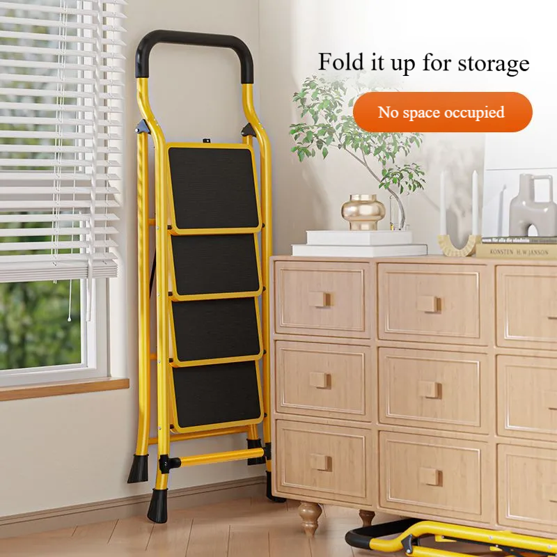 Side view showing ladder’s triangular reinforced frame and handrail curvature
