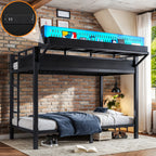 Front view of black Twin XL metal bunk bed showing upper and lower bunks, storage shelves, and pegboard