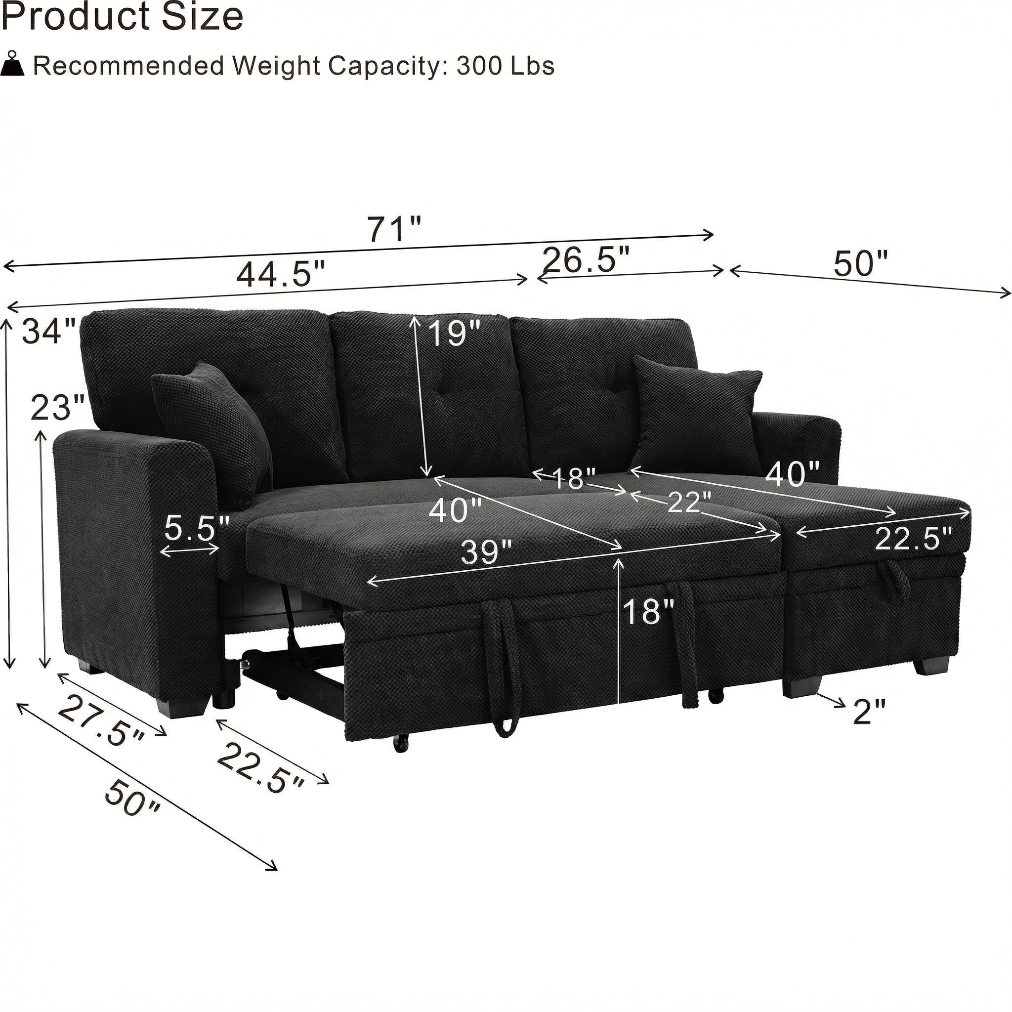 Black L-Shaped Sleeper Sofa with Reversible Chaise & Storage - product detail image 7