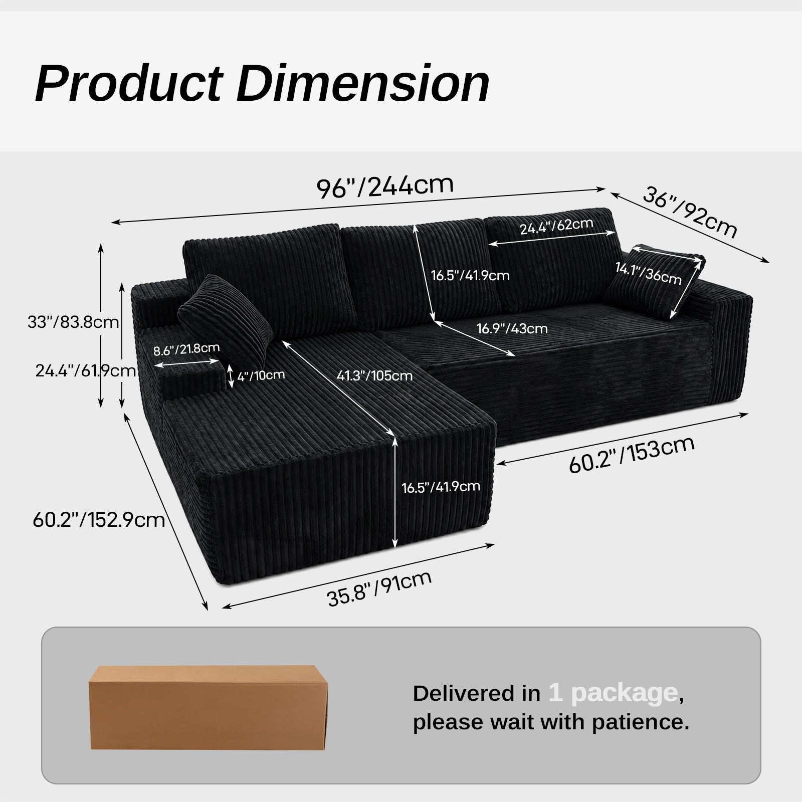 96" Frameless Boneless Black Corduroy Sectional Sofa with L-Shaped Chaise - product detail image 10