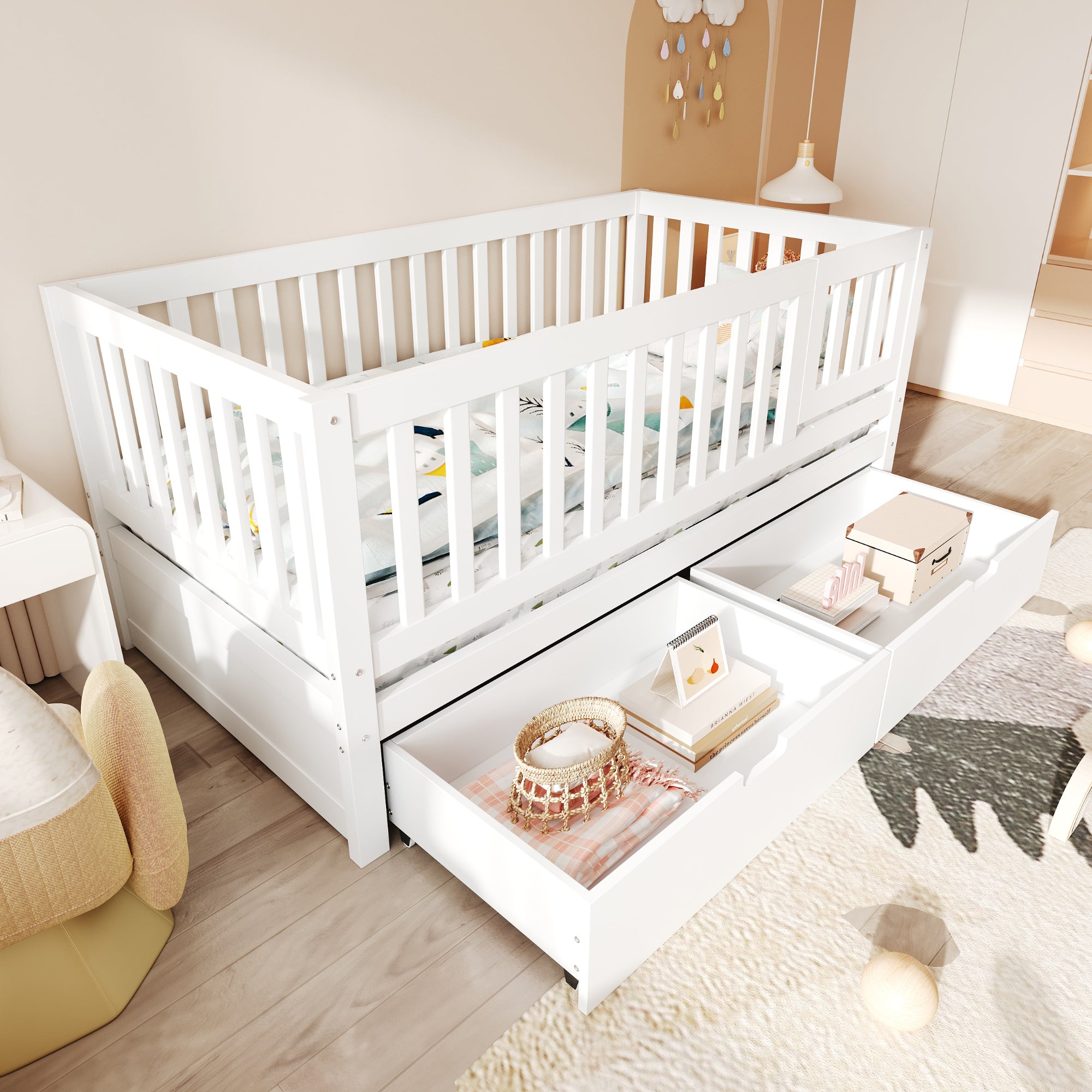 3-in-1 Convertible Toddler Bed with Storage Drawers, Solid Wood Daybed, White Main image