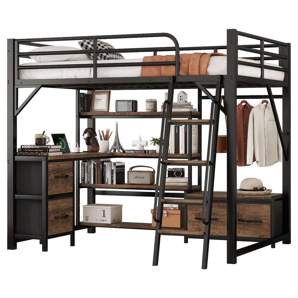 Full Size Metal Loft Bed with Desk, LED Light & Storage Shelves