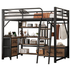 Full Size Metal Loft Bed with Desk, LED Light & Storage Shelves