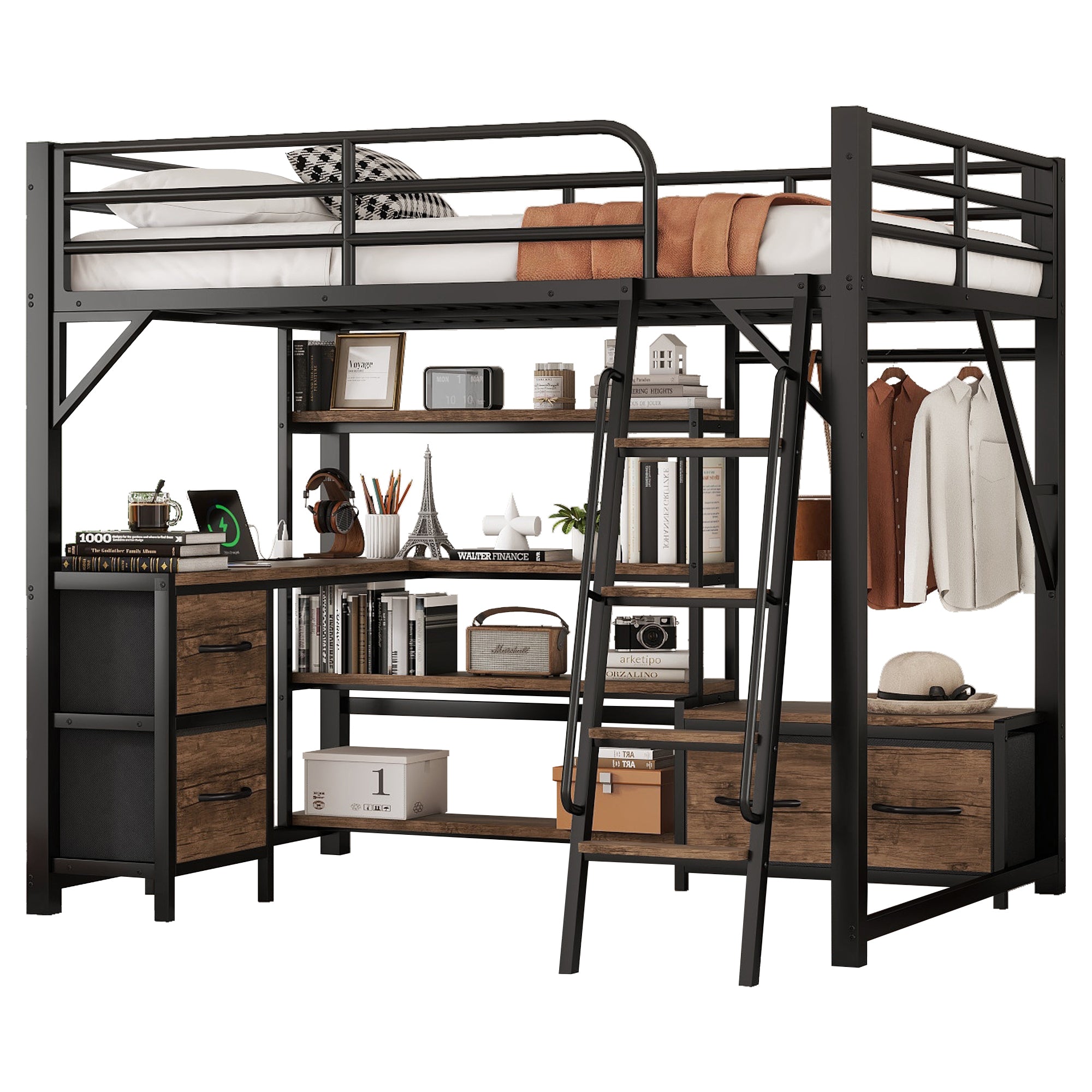 Full Size Metal Loft Bed with Desk, LED Light & Storage Shelves