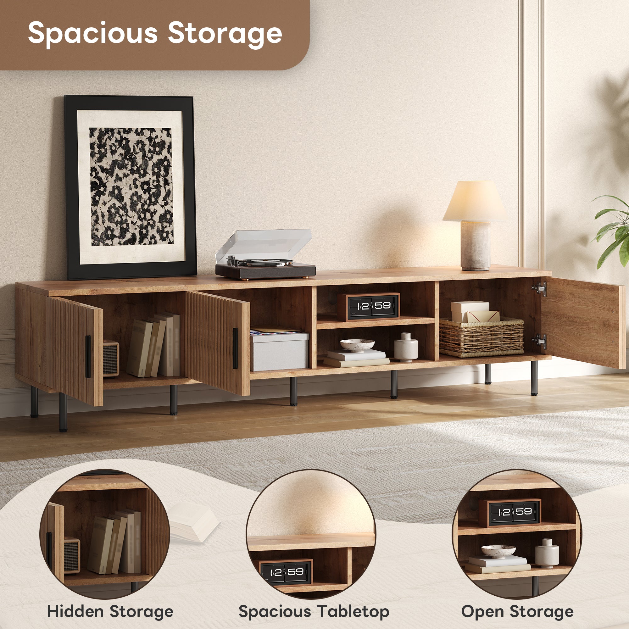 78-inch Modern TV Stand for TVs up to 85", Natural Wood Entertainment Center with Closed Storage & Cable Management