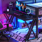 Full Size Gaming Loft Bed with Desk, LED Lights & USB Ports – Black Metal Frame