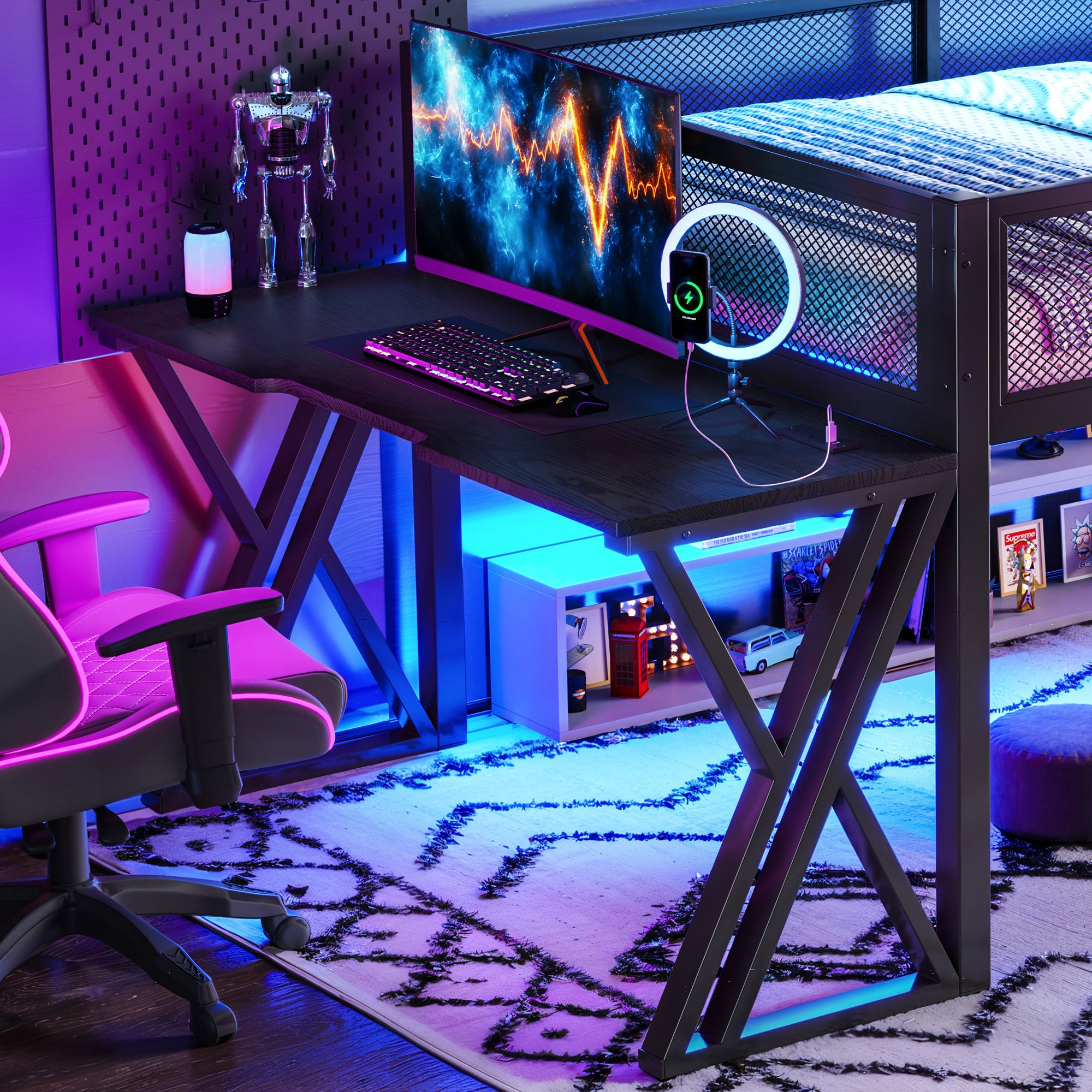 Full Size Gaming Loft Bed with Desk, LED Lights & USB Ports – Black Metal Frame
