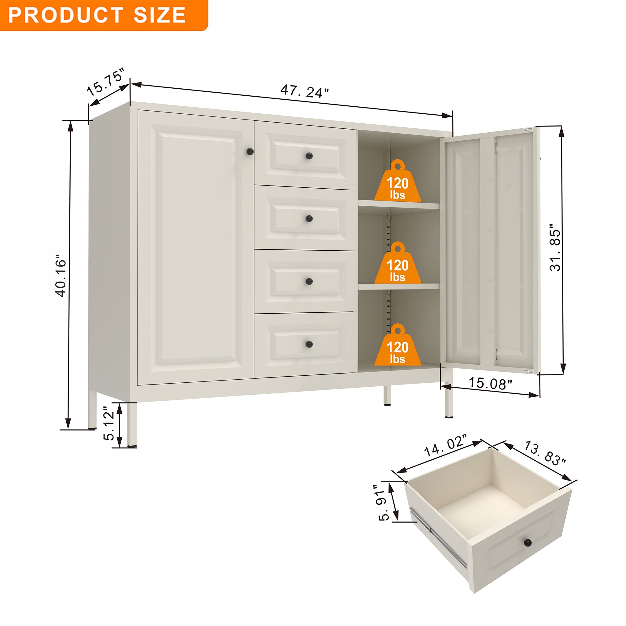40.16" Steel Storage Sideboard Cabinet with 4 Drawers & 2 Doors – Beige