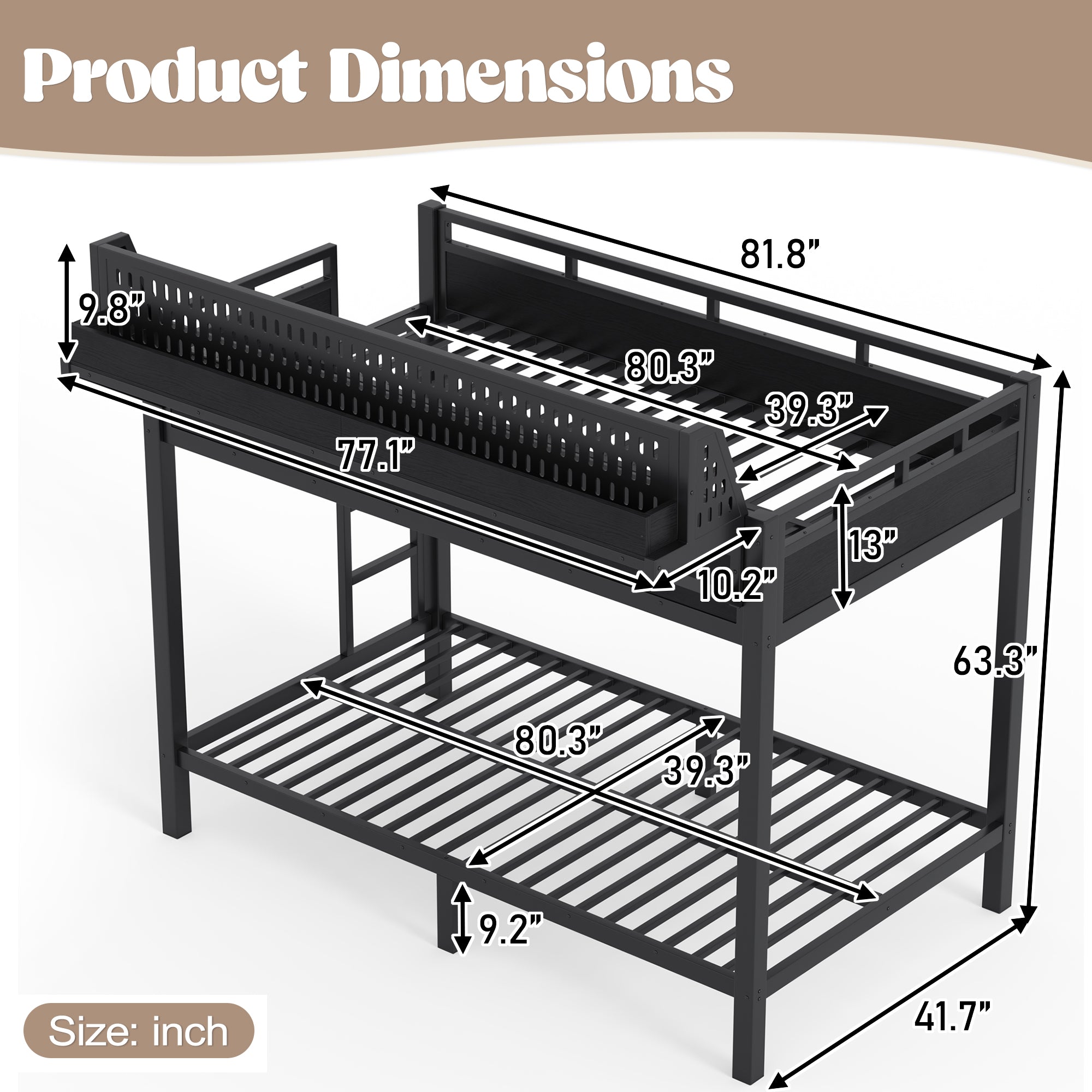 Twin XL Metal Bunk Bed with Storage Shelves, Pegboard, USB Ports & LED Lights – Black - product detail image 7